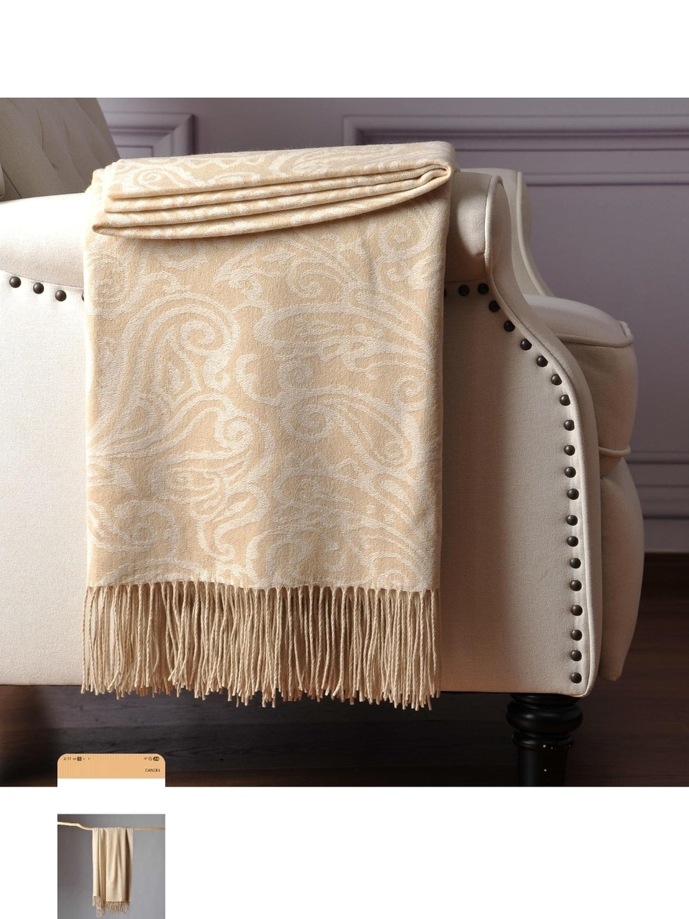 Elegant Cream Paisley Throw Blanket with Fringe